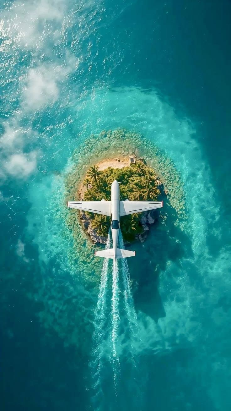 Avion survolant une île tropicale