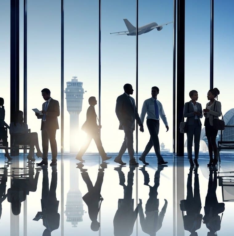Des professionnels marchent dans un terminal d'aéroport